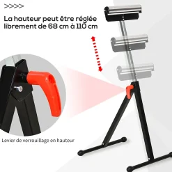 Servante à rouleau pliable - servante d'atelier à rouleau - max 90 Kg - H. 68-110 cm - métal rouge noir
