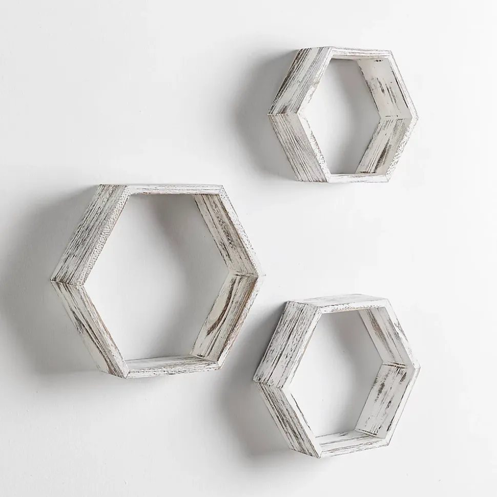 Set de 3 Etagères murales Nuno hexagonales blanc, bois de paulownia
