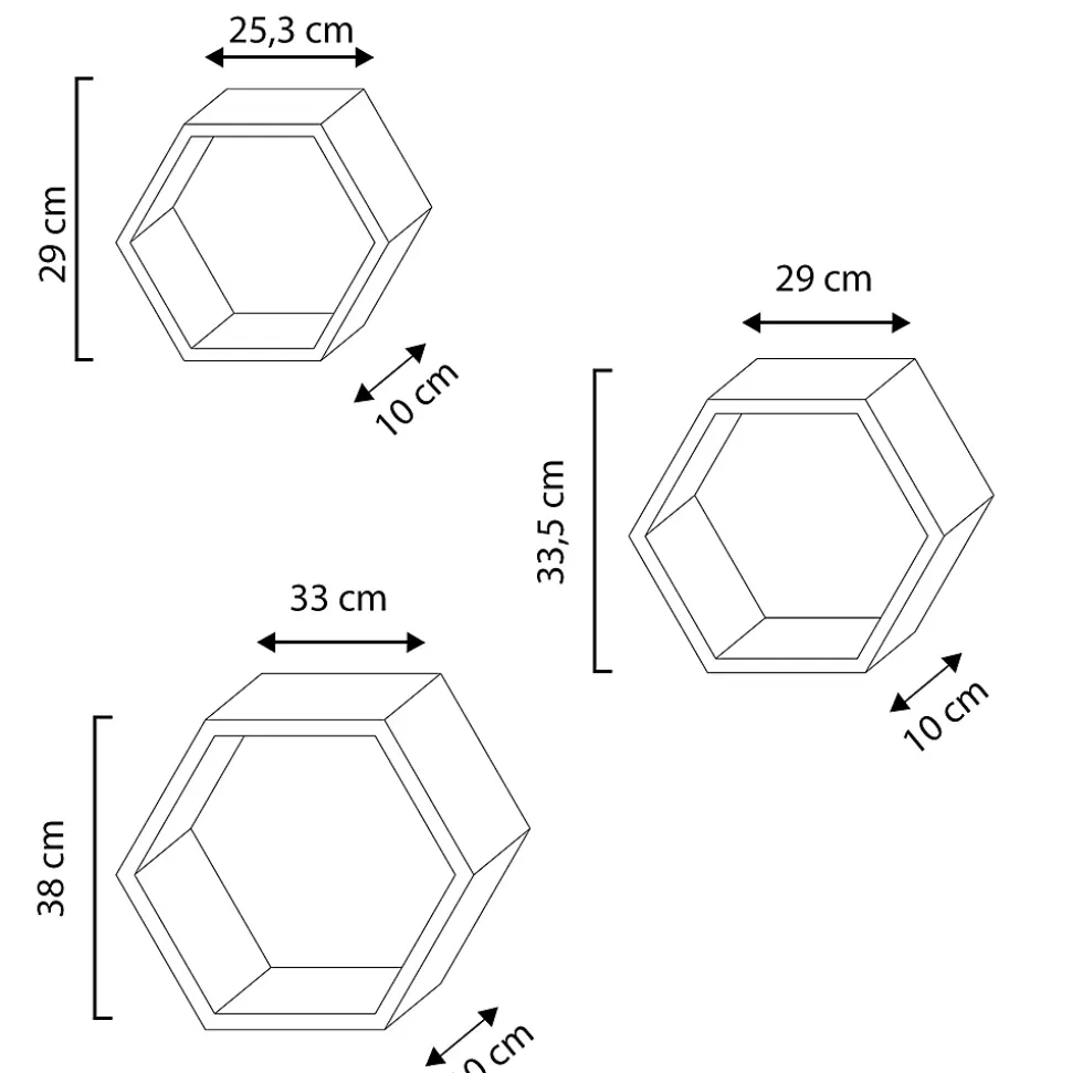 Set de 3 Etagères murales Nuno hexagonales blanc, bois de paulownia