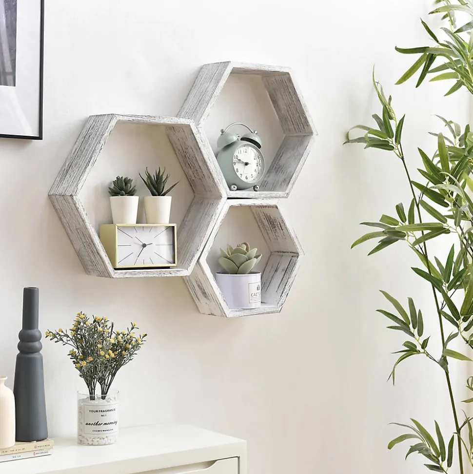 Set de 3 Etagères murales Nuno hexagonales blanc, bois de paulownia