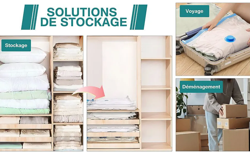 Set de 12 housses de rangement sous vide avec pompe, (3 maxi, 3L, 3M, 3S), Blanc et bleu avec pompe