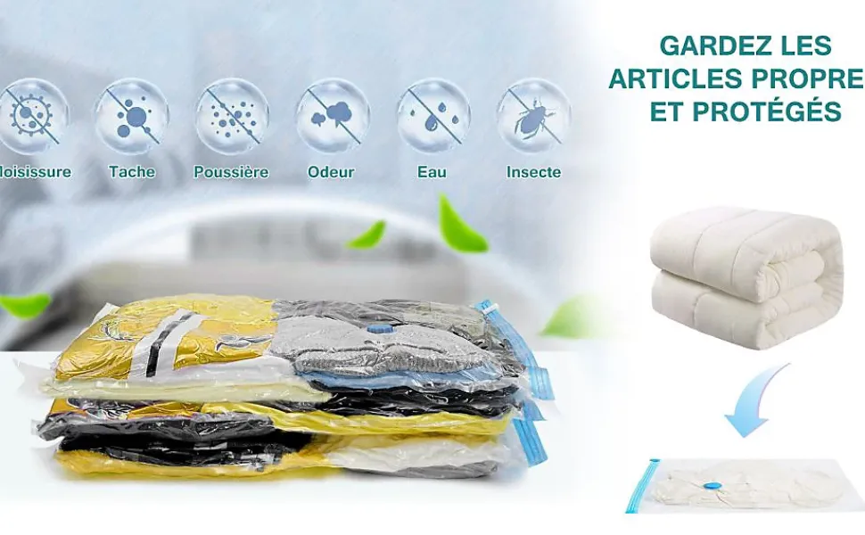 Set de 5 housses de rangement sous vide avec pompe manuelle, Taille M, Blanc, Bleu