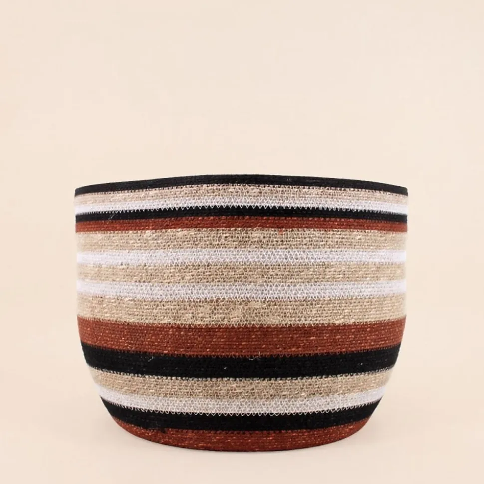 Set de 3 paniers bas rayés en herbes marines marron et beige