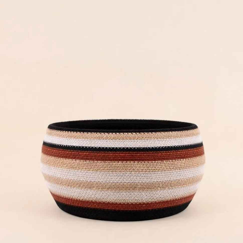 Set de 3 paniers bas rayés en herbes marines marron et beige