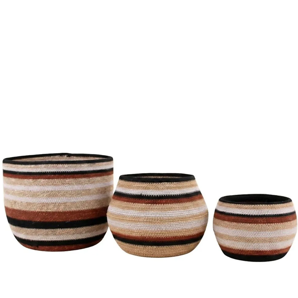 Set de 3 paniers bas rayés en herbes marines marron et beige