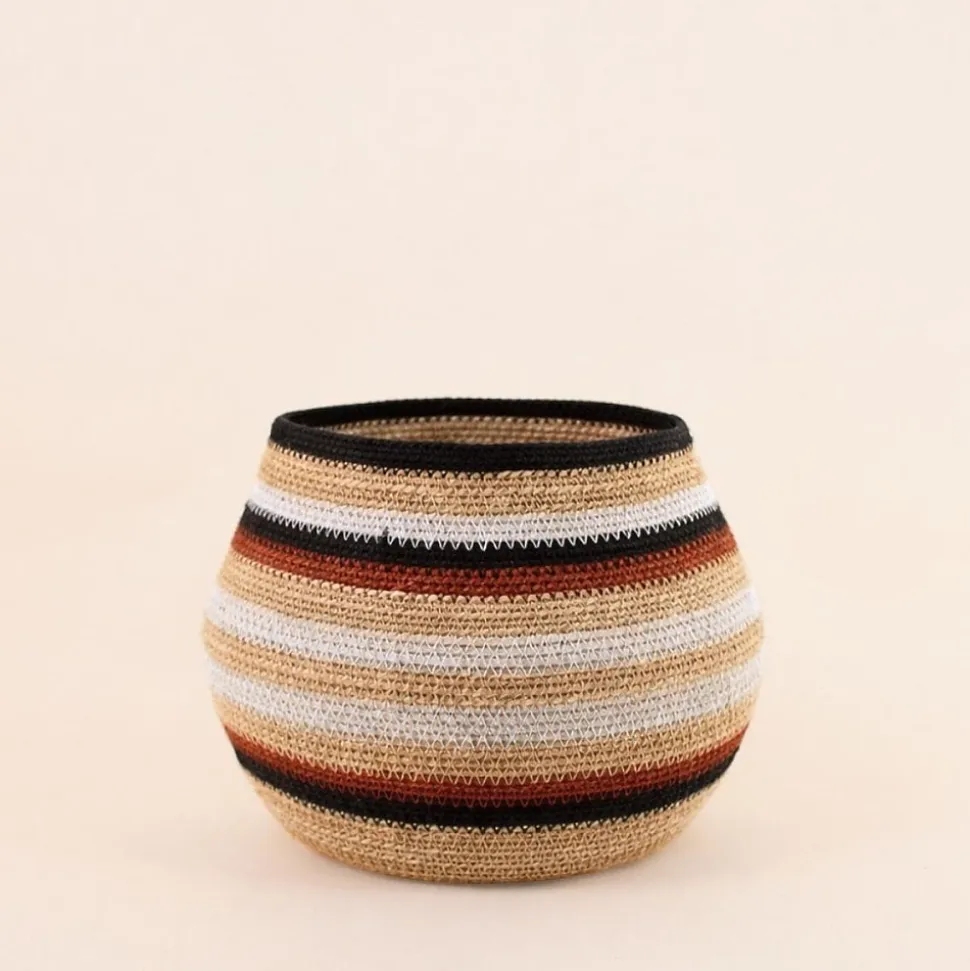 Set de 3 paniers bas rayés en herbes marines marron et beige