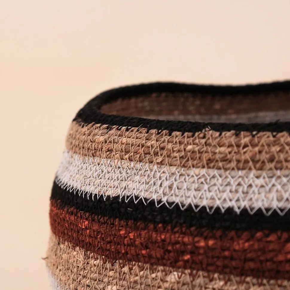 Set de 3 paniers bas rayés en herbes marines marron et beige