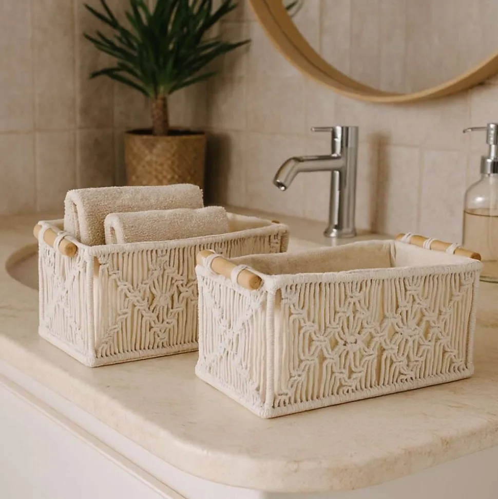 Set de 2 paniers déco tissu macramé