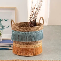 Set de 2 paniers Indie fibre naturelle, bleu/orange