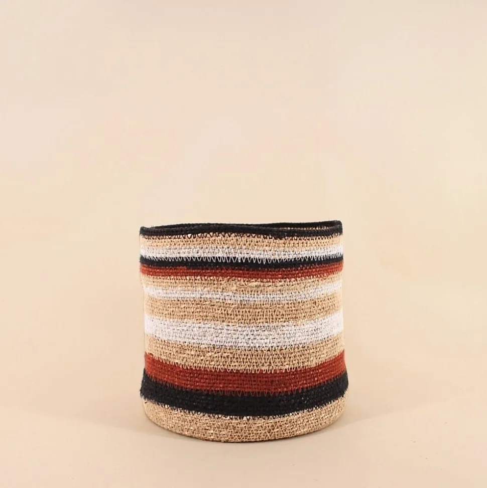 Set de 3 paniers rayé beige, marron en herbes marines