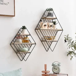 Set de 2 étagères murales Diamante en métal noir et bois de paulownia