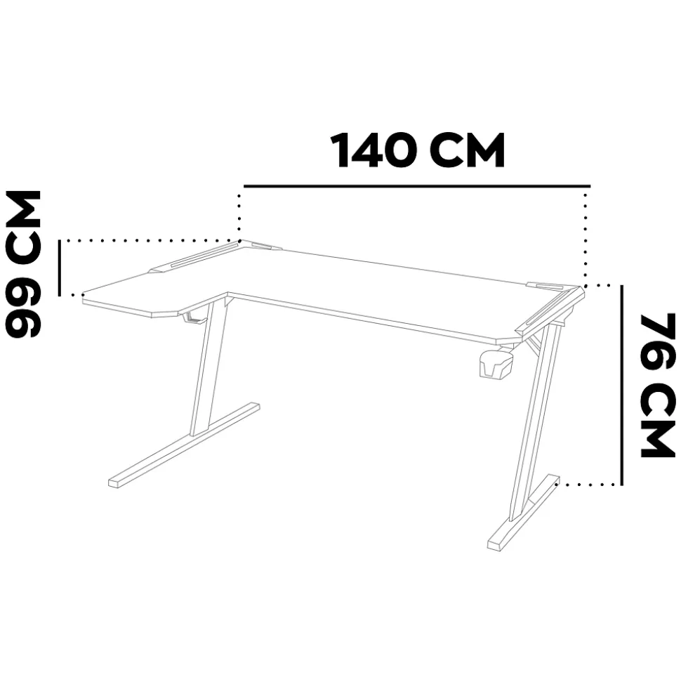 Shigeru - Bureau Gaming d'Angle 140x99x76 cm avec LED en MDF et Métal Noir