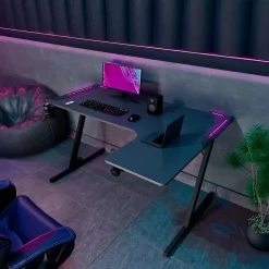 Shigeru - Bureau Gaming d'Angle 140x99x76 cm avec LED en MDF et Métal Noir