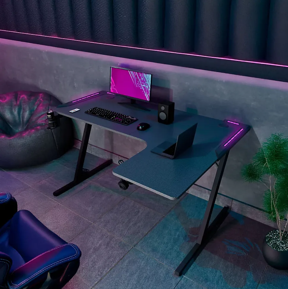 Shigeru - Bureau Gaming d'Angle 140x99x76 cm avec LED en MDF et Métal Noir