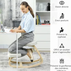 Siège ergonomique - siège assis-genoux - chaise assis genoux grand confort - bois bouleau tissu beige clair