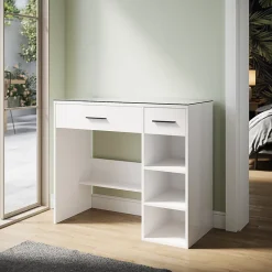 SIRHONA Coiffeuse Blanche 90x44x77cm + Bureau Multi-fonctions + Rangement Spacieux + Plateau en verre