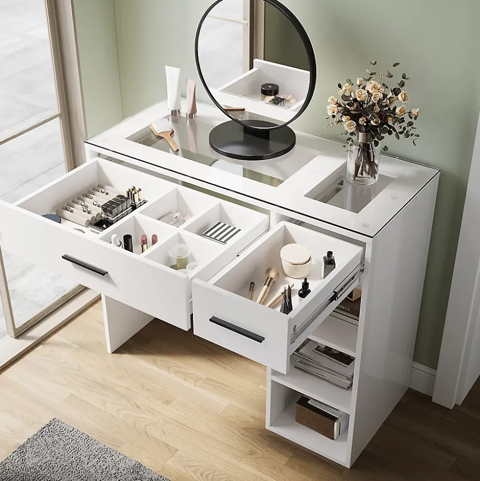 SIRHONA Coiffeuse Blanche 90x44x77cm + Bureau Multi-fonctions + Rangement Spacieux + Plateau en verre