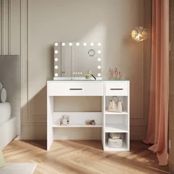SIRHONA Ensemble de Maquillage - 1x Coiffeuse Blanche 90x44x77cm + 1x Miroir LED 58x45x12cm
