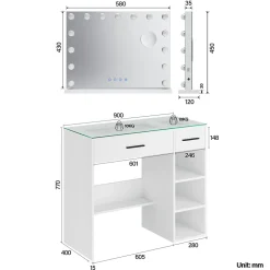 SIRHONA Ensemble de Maquillage - 1x Coiffeuse Blanche 90x44x77cm + 1x Miroir LED 58x45x12cm