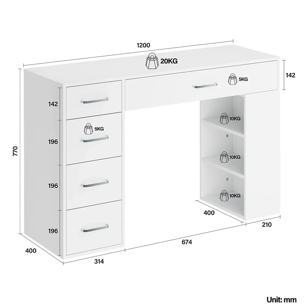 SIRHONA Ensemble de Maquillage - 1x Coiffeuse Blanche 120x40x75cm + 2x Etagère de Rangement 160x58x30cm + 1x Miroir LED 58x45x12cm