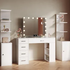SIRHONA Ensemble de Maquillage - 1x Coiffeuse Blanche 120x40x75cm + 2x Etagère de Rangement 160x58x30cm + 1x Miroir LED 58x45x12cm