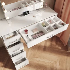 SIRHONA Ensemble de Maquillage - 1x Coiffeuse Blanche 120x40x75cm + 2x Etagère de Rangement 160x58x30cm + 1x Miroir LED 58x45x12cm
