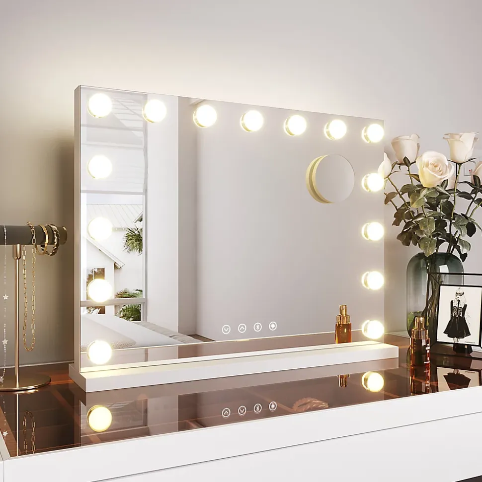 SIRHONA Ensemble de Maquillage - 1x Coiffeuse Blanche 90x44x77cm + 1x Etagère de rangement 160x58x30cm + 1x Miroir LED 58x45x12cm