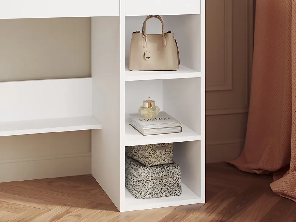 SIRHONA Ensemble de Maquillage - 1x Coiffeuse Blanche 90x44x77cm + 1x Etagère de rangement 160x58x30cm + 1x Miroir LED 58x45x12cm