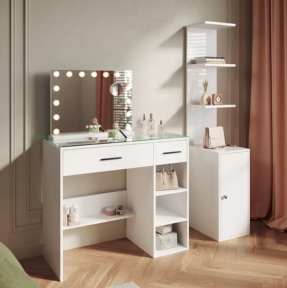 SIRHONA Etagère de Coiffeuse 160x58x30cm Blanc Rangement + 1 Porte + Etagère mobile