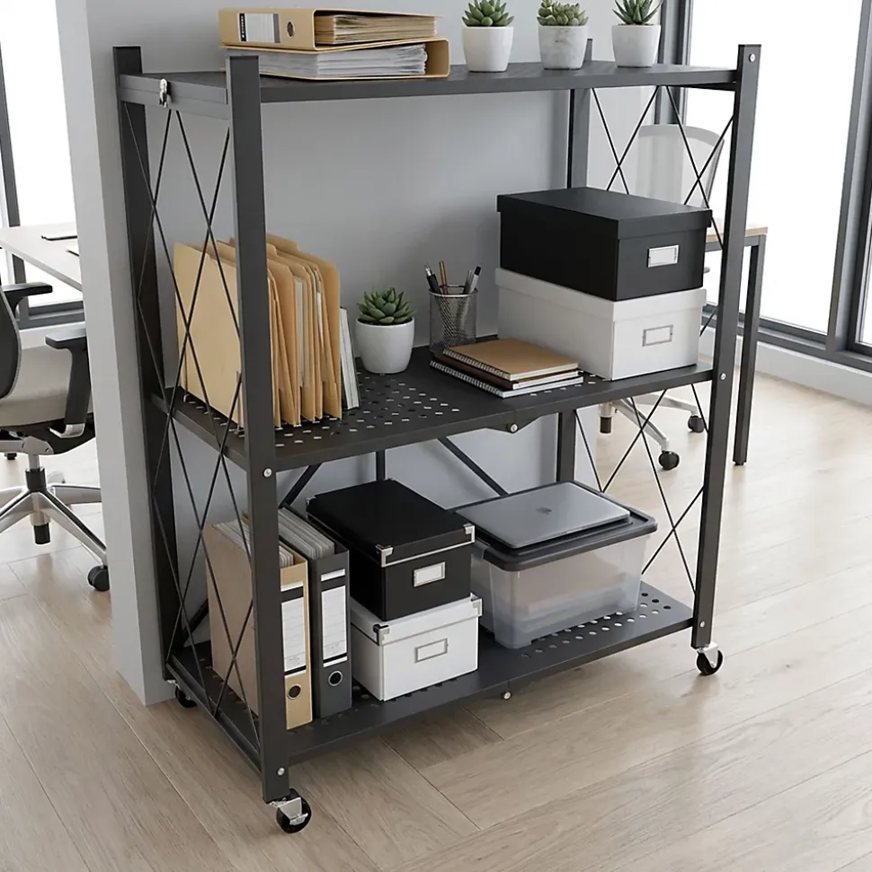 Smithers - Étagère Chariot Pliable Gain de Place 72x90x33,5 cm, 3 Niveaux, Repliable en Métal Noir