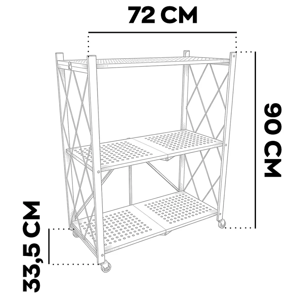 Smithers - Étagère Chariot Pliable Gain de Place 72x90x33,5 cm, 3 Niveaux, Repliable en Métal Noir
