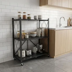 Smithers - Étagère Chariot Pliable Gain de Place 72x90x33,5 cm, 3 Niveaux, Repliable en Métal Noir