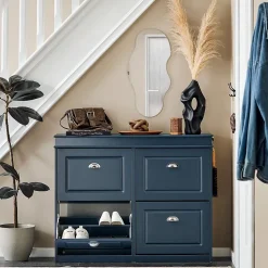 SoBuy Armoire à Chaussures avec 4 Abattants, Range-Chaussures 16 Paires, Bleu, 105x24x83 cm, FSR79-B
