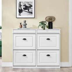 SoBuy Armoire à Chaussures 4 Portes, Range 16 Paires Effet Bois Vieilli Blanc
