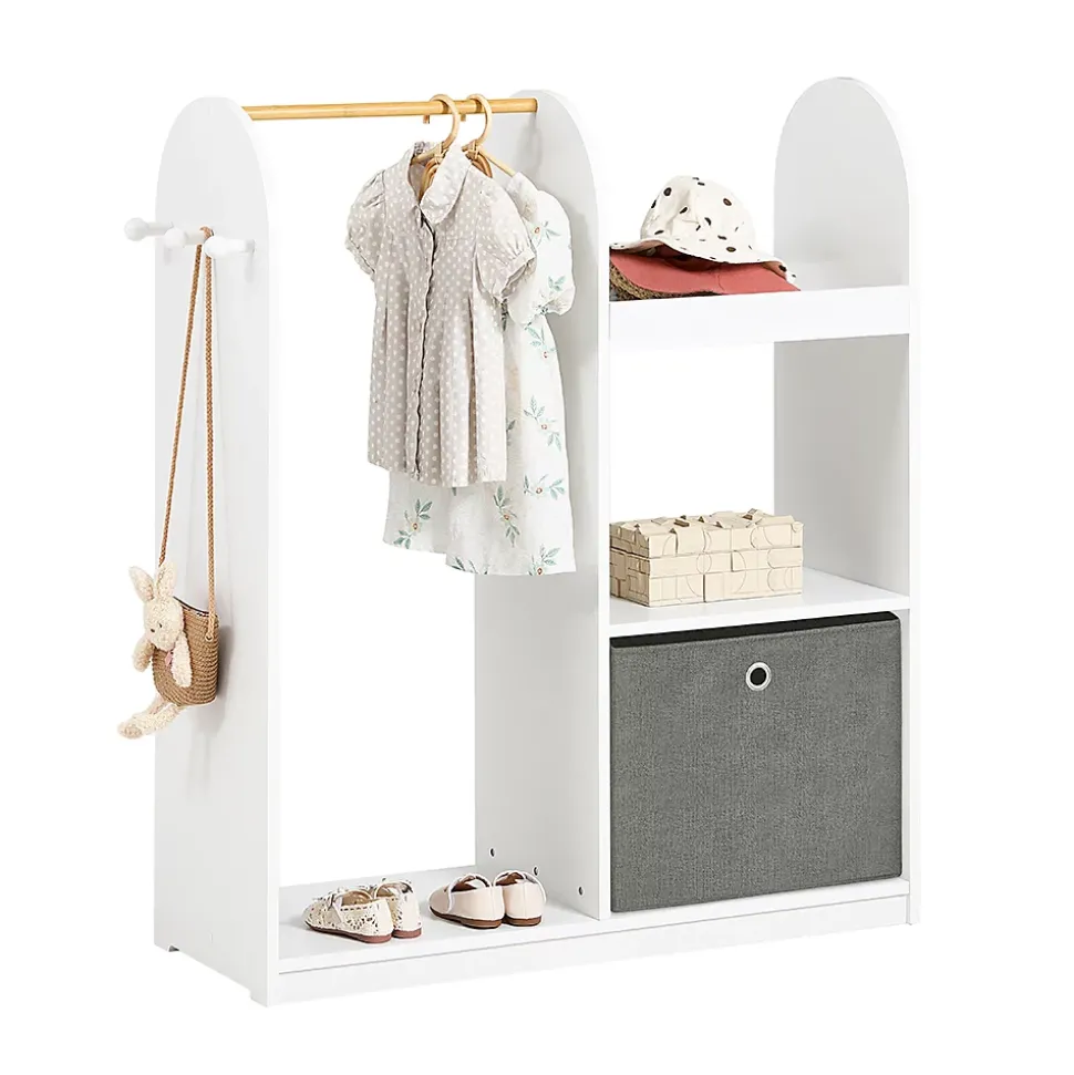 SoBuy Armoire Enfant avec Portant, 3 Étagères, Panier en Tissu et 3 Crochets Blancs