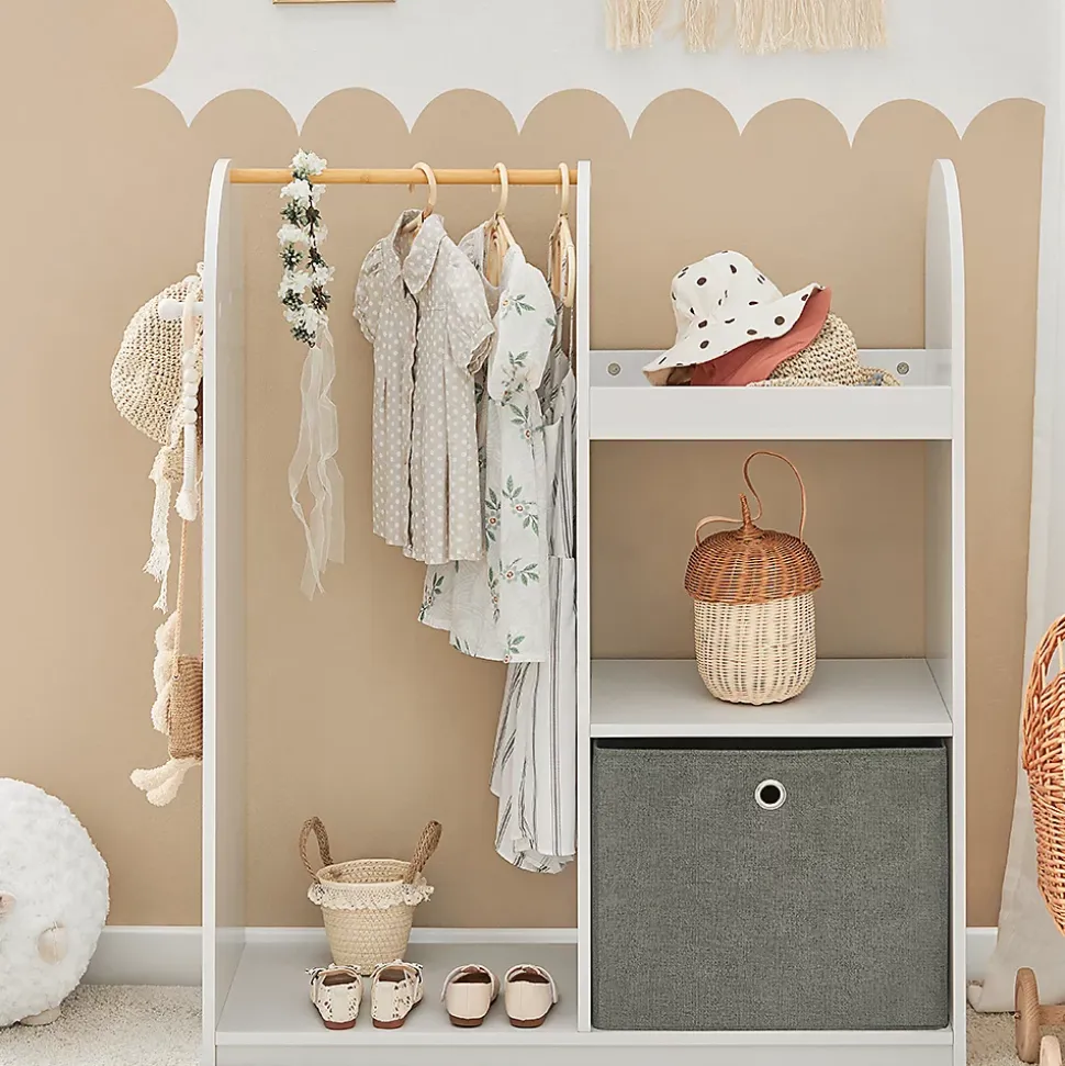 SoBuy Armoire Enfant avec Portant, 3 Étagères, Panier en Tissu et 3 Crochets Blancs