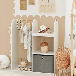 SoBuy Armoire Enfant avec Portant, 3 Étagères, Panier en Tissu et 3 Crochets Blancs