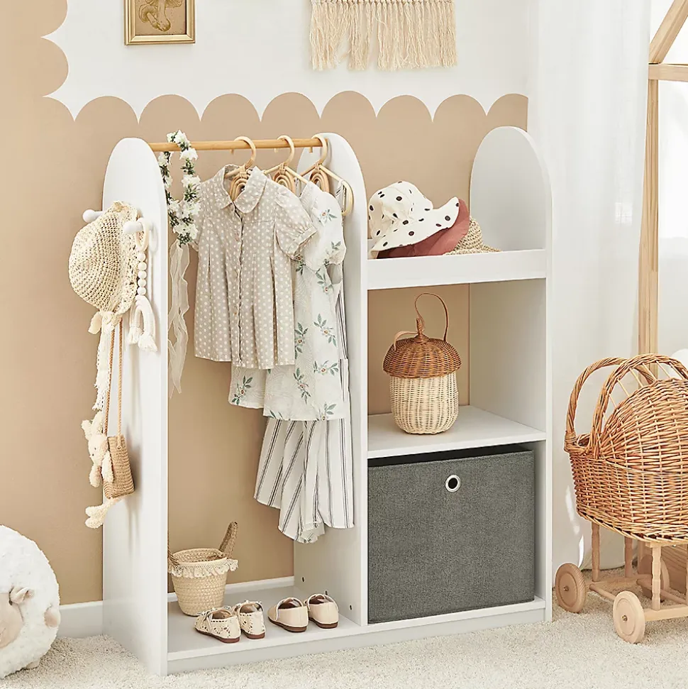 SoBuy Armoire Enfant avec Portant, 3 Étagères, Panier en Tissu et 3 Crochets Blancs