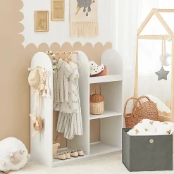 SoBuy Armoire Enfant avec Portant, 3 Étagères, Panier en Tissu et 3 Crochets Blancs
