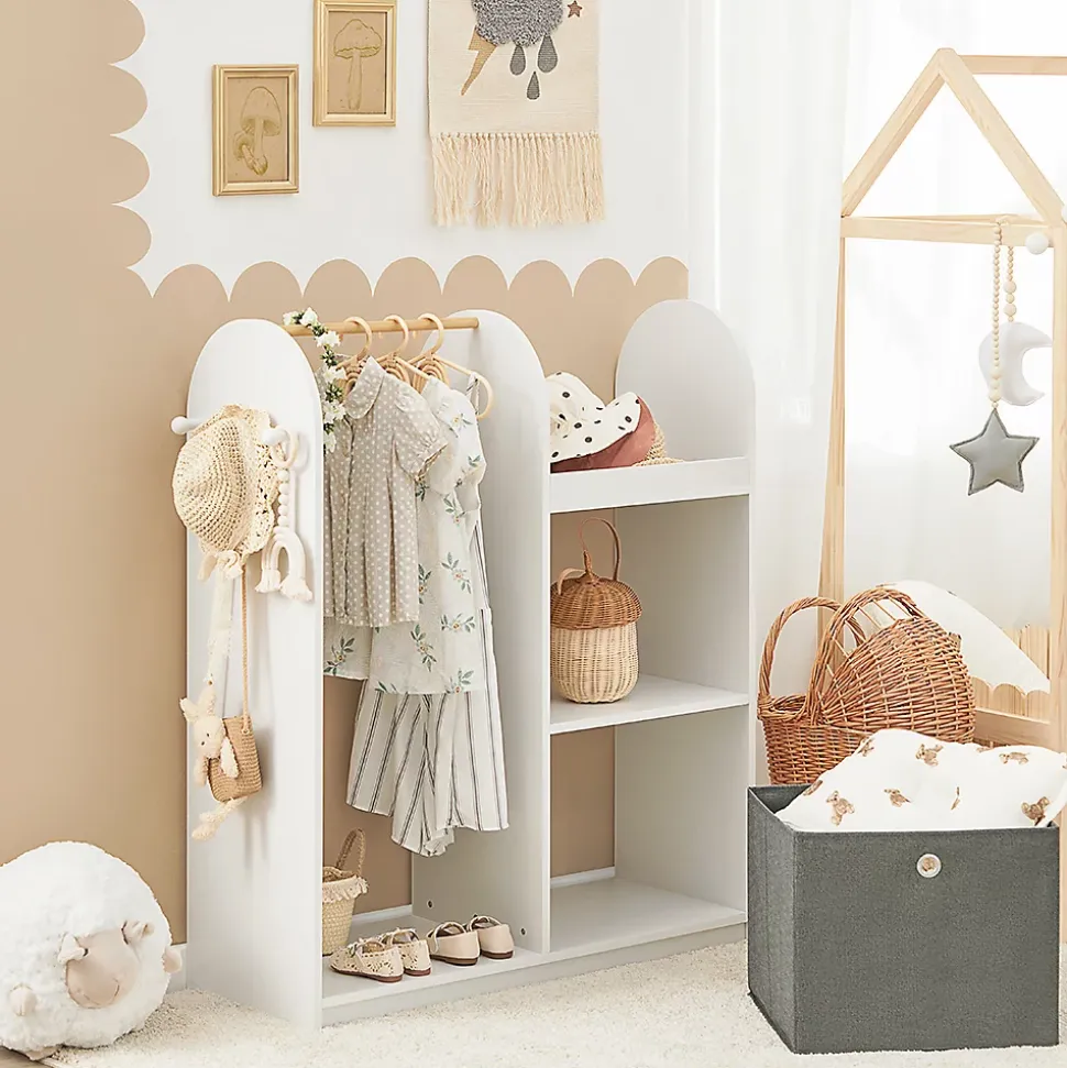 SoBuy Armoire Enfant avec Portant, 3 Étagères, Panier en Tissu et 3 Crochets Blancs
