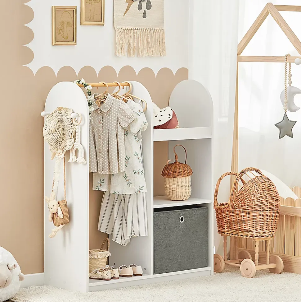 SoBuy Armoire Enfant avec Portant, 3 Étagères, Panier en Tissu et 3 Crochets Blancs