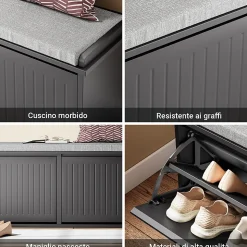 SoBuy Banc à Chaussures avec Assise et 2 Abattants, Noir, Capacité 158 kg
