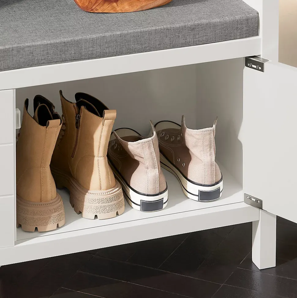 SoBuy Banc à Chaussures avec Rangement Fermé, Coussin Rembourré, Capacité 150 kg, Blanc