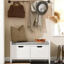 SoBuy Banc à Chaussures avec Rangement Fermé, Coussin Rembourré, Capacité 150 kg, Blanc