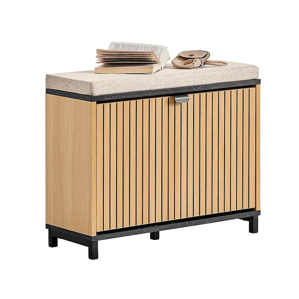 SoBuy Banc à Chaussures Rembourré de Rangement Rabattable en Bois Clair Noir