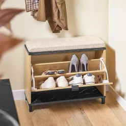 SoBuy Banc à Chaussures Rembourré de Rangement Rabattable en Bois Clair Noir