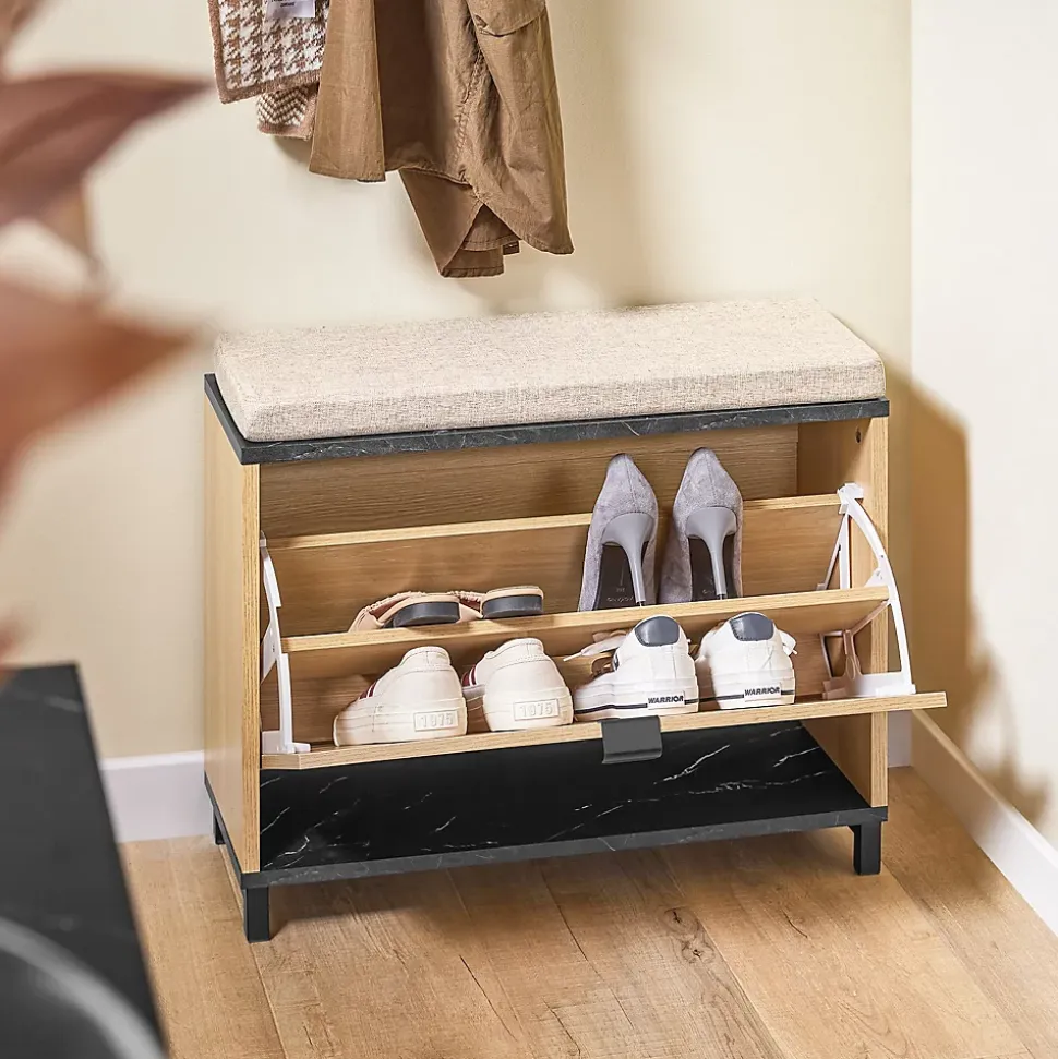 SoBuy Banc à Chaussures Rembourré de Rangement Rabattable en Bois Clair Noir
