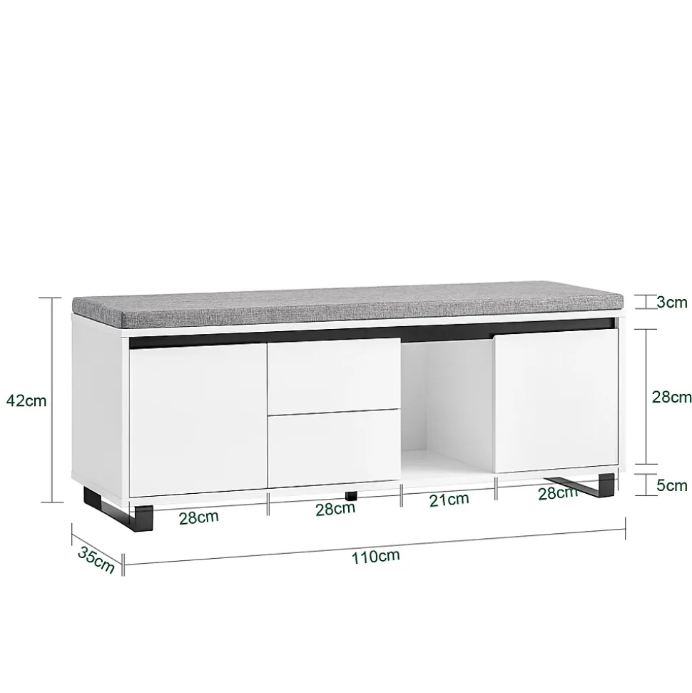 SoBuy Banc d'Entrée avec Coussin, 2 Tiroirs et 2 Portes, Blanc, 110x35x42 cm, FSR176-W