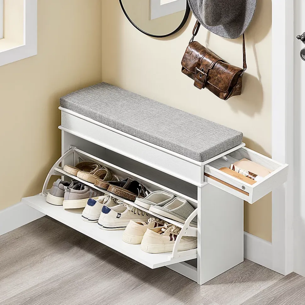 SoBuy Banc d'Entrée avec Rangement à Abattant, Coussin, Bois Vieilli Blanc 75x24x51cm 180kg