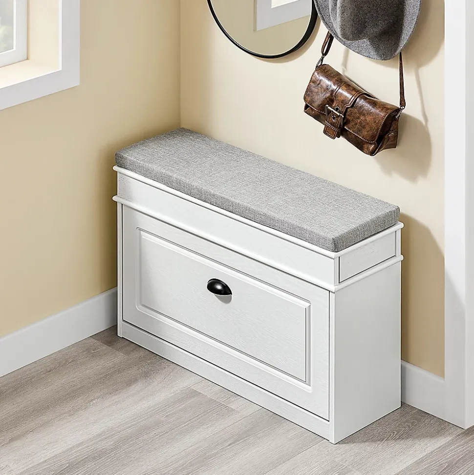 SoBuy Banc d'Entrée avec Rangement à Abattant, Coussin, Bois Vieilli Blanc 75x24x51cm 180kg